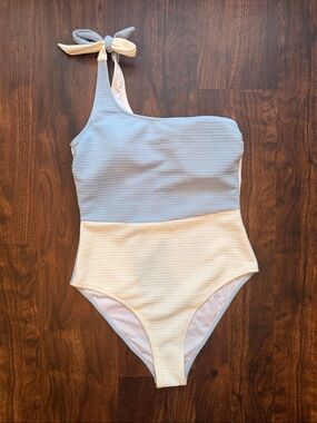 NWOT One-Shoulder Two-Tone Blue and Cream Swimsuit